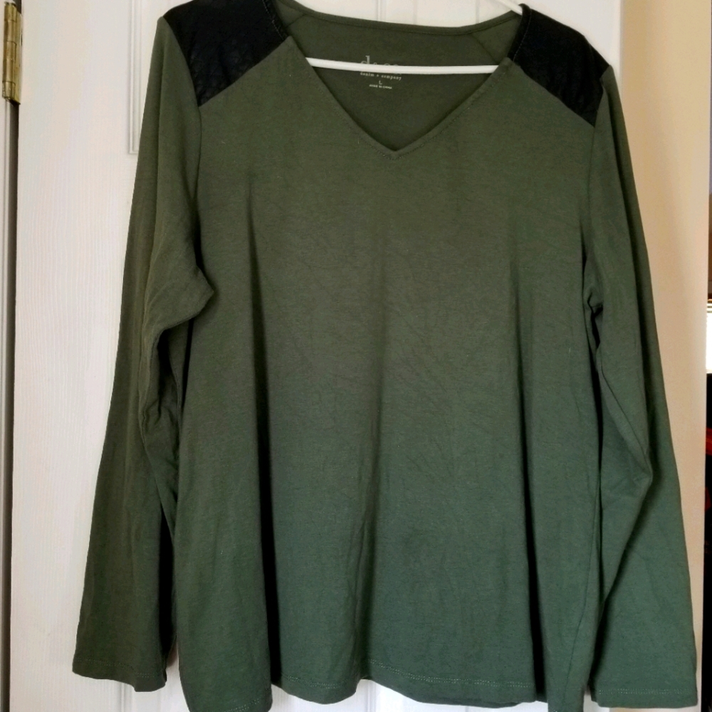 Denim & Co cotton shirt w/ faux leather accents